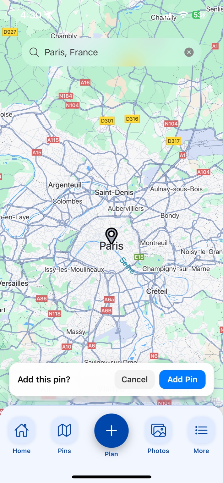 Add this pin? confirmation dialog for Paris, France on the map with Cancel and Add Pin buttons
