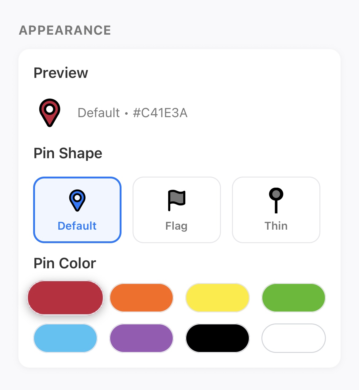 Pin appearance customization showing pin shape options (Default, Flag, Thin) and color palette selection
