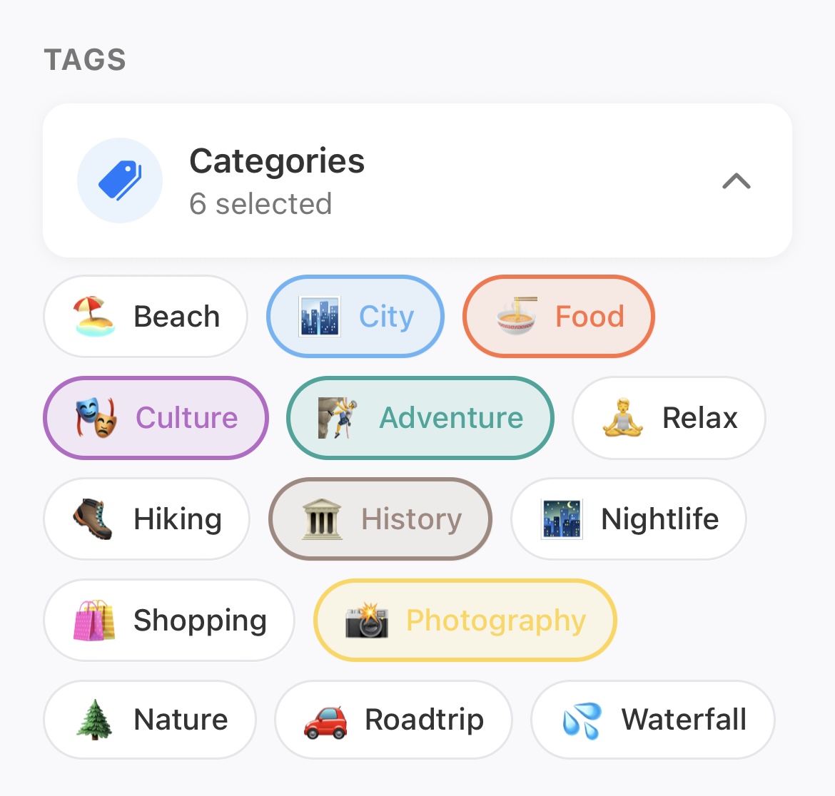 Planit categories screen showing tags like Beach, City, Food, Culture, Adventure, History, Nightlife, Photography, and more with 6 selected
