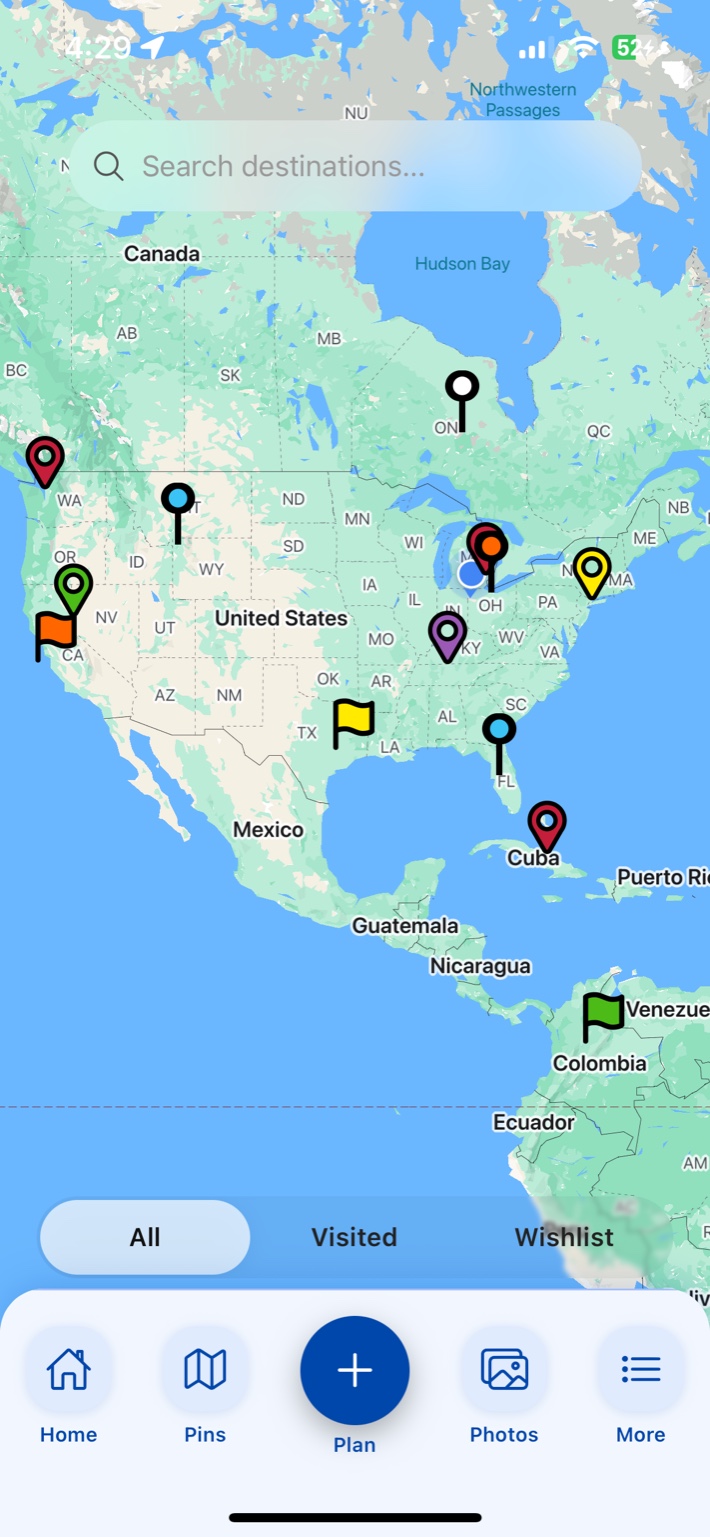 Planit map showing customized pins with different colors and shapes including flags and location markers