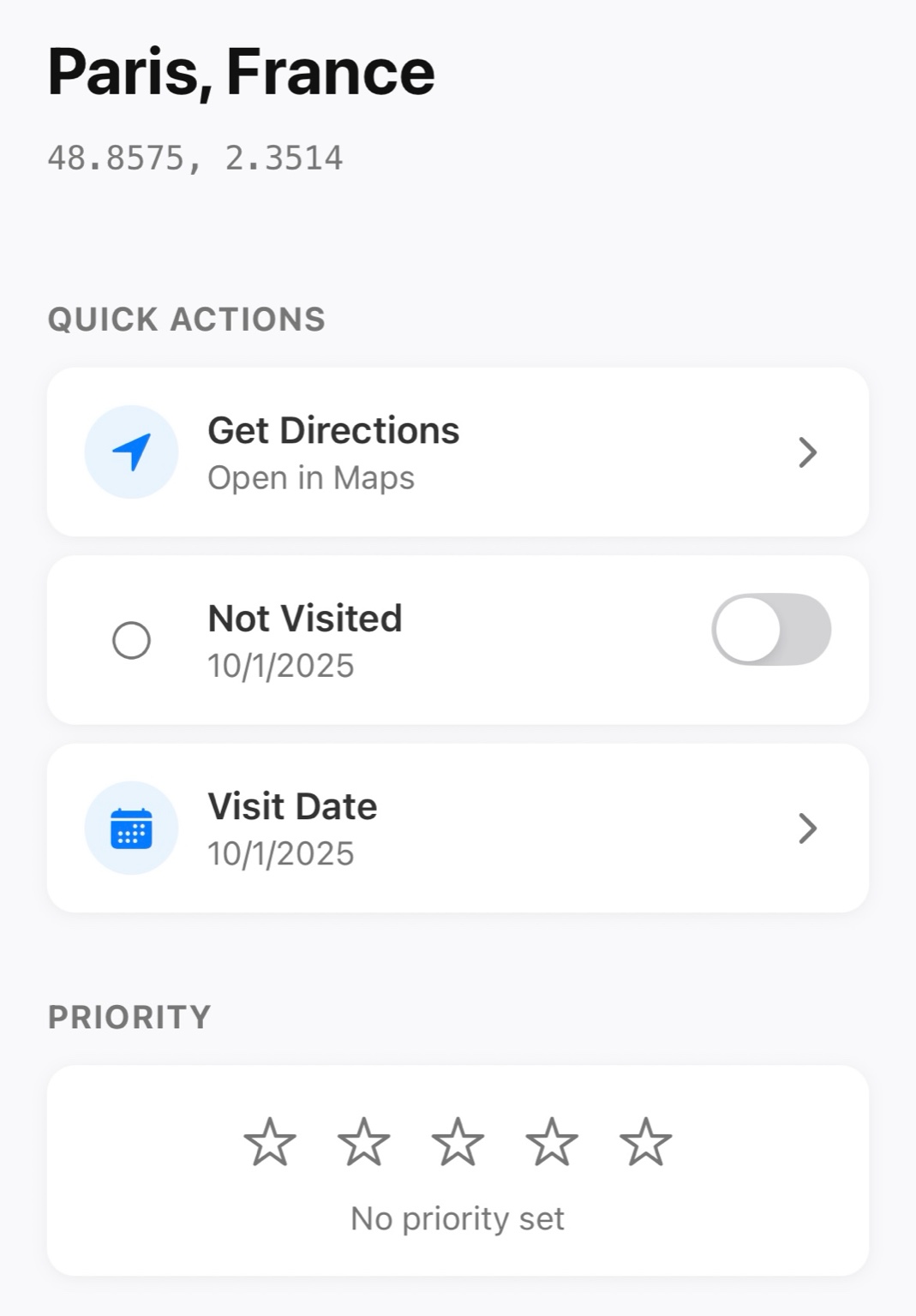 Planit pin menu showing Paris, France with quick actions including Get Directions, Not Visited toggle, Visit Date, and Priority settings