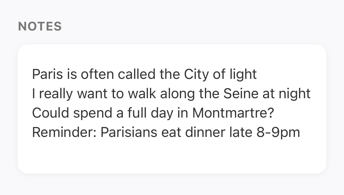 Planit notes screen showing Paris travel thoughts including City of light, walking along the Seine, Montmartre, and dinner reminders