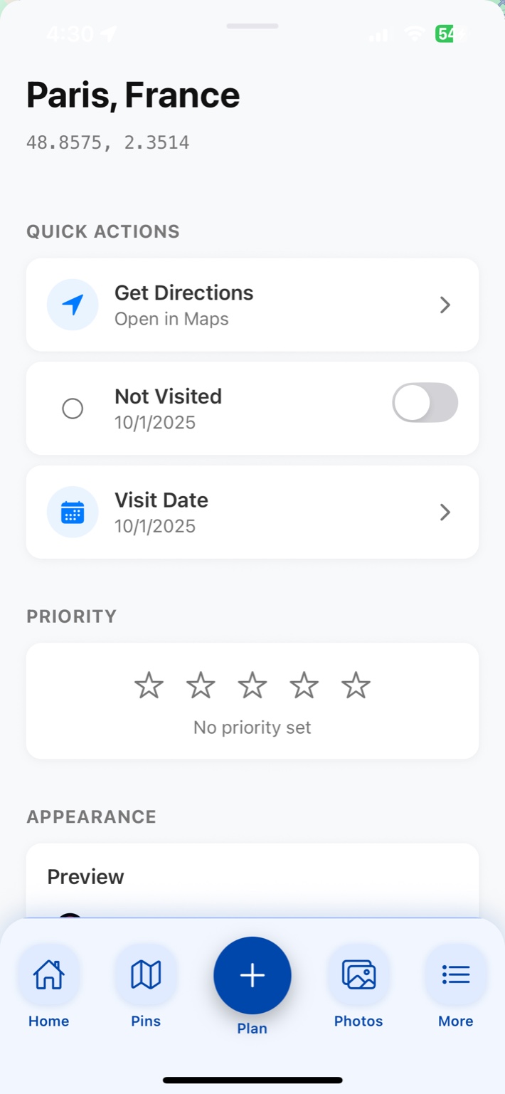 Planit pin details screen showing Paris, France with quick actions, visit date, priority settings, and appearance options