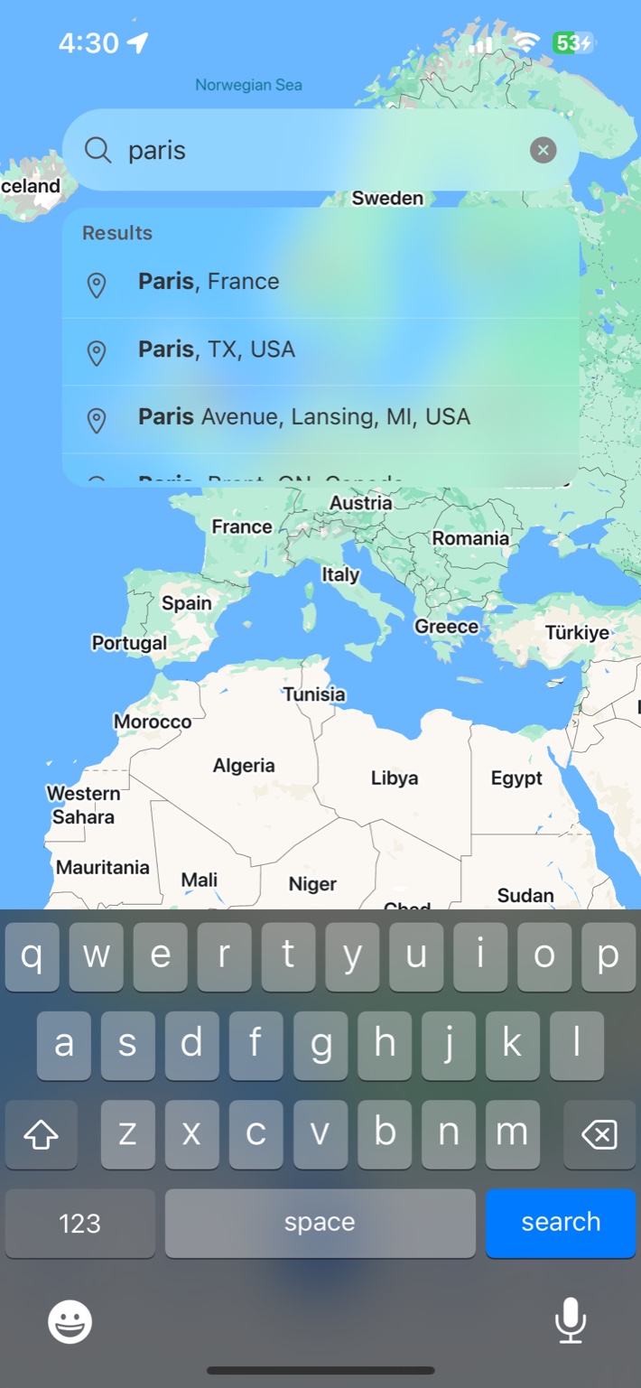 Planit search interface showing paris query with results including Paris, France and other Paris locations