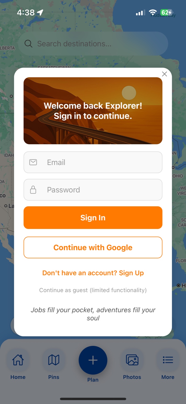 Planit sign in modal with email, password fields, Sign In button, Continue with Google, and Don't have an account? Sign Up link