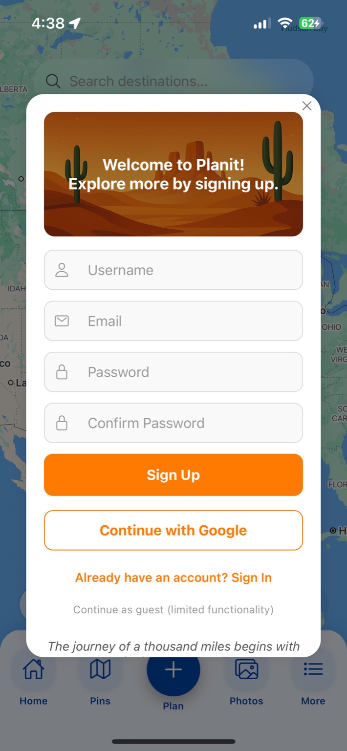 Planit sign up modal with username, email, password fields, Sign Up button, Continue with Google, and Already have an account? Sign In link