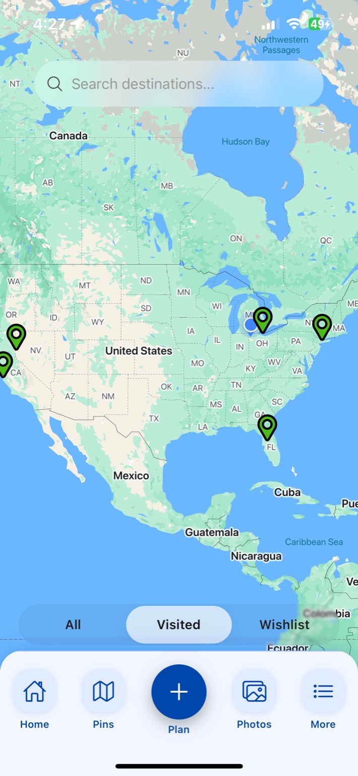Planit map filtered to show only visited pins with the Visited tab selected