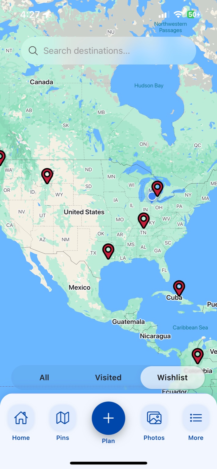 Planit map filtered to show only wishlist pins with the Wishlist tab selected